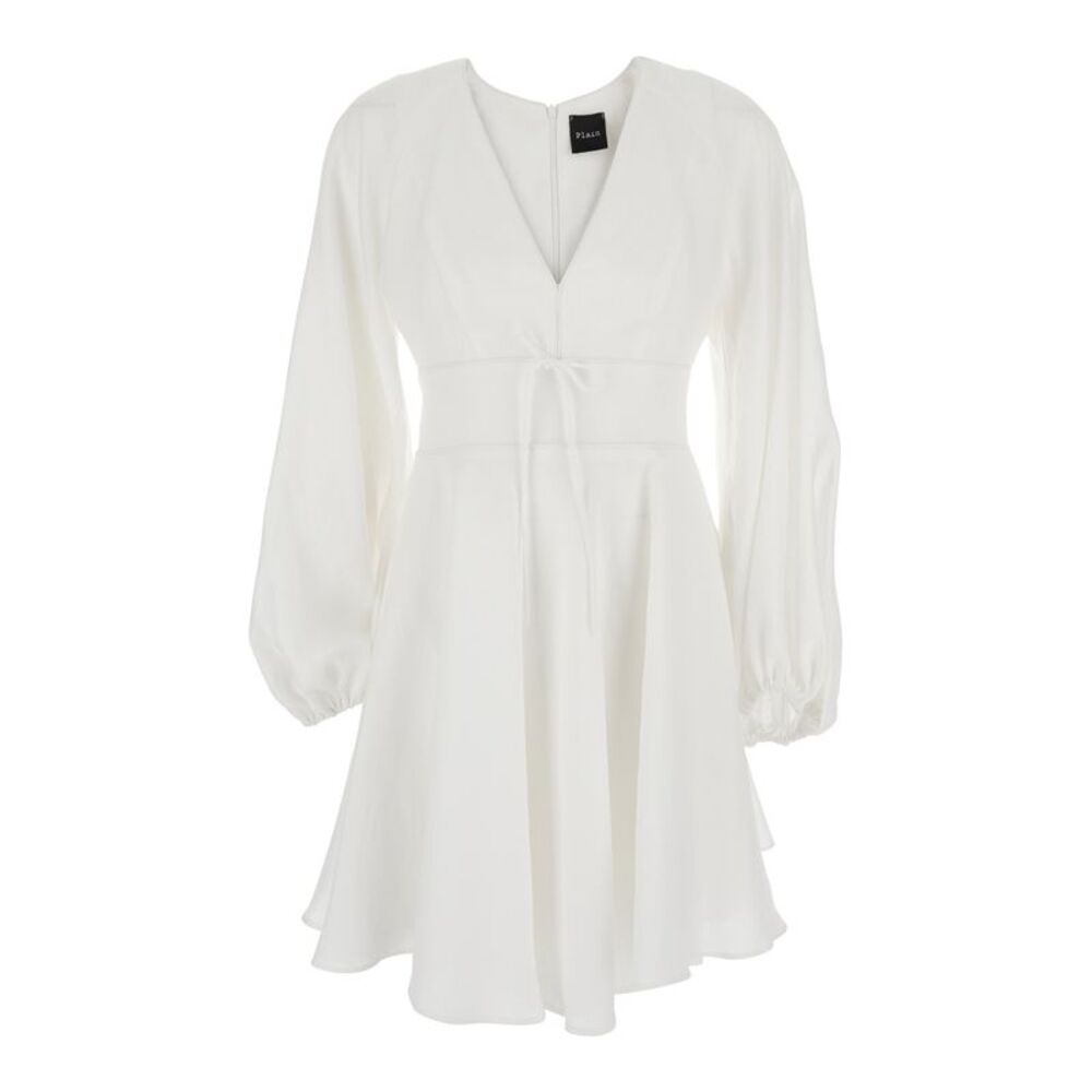 Plain White Dress With V-Neck And Flared Skirt In Tech Fabric Woman